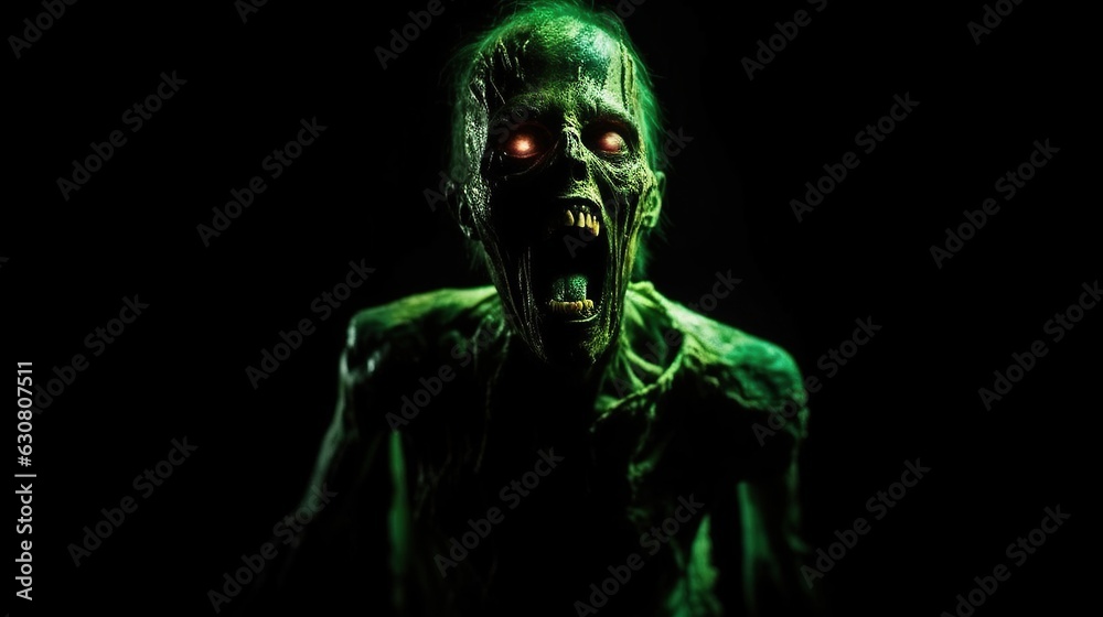 Cinematic green radiated zombie mouth open angry full shot full body green glowing eyes yelling looking to the side Cinematic green radiated zombie mouth open angry full shot full body green glowing eyes yelling looking to the side