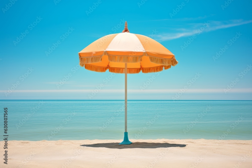 A yellow and white umbrella sitting on top of a sandy beach