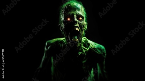 Cinematic green radiated zombie mouth open angry full shot full body green glowing eyes yelling looking to the side 