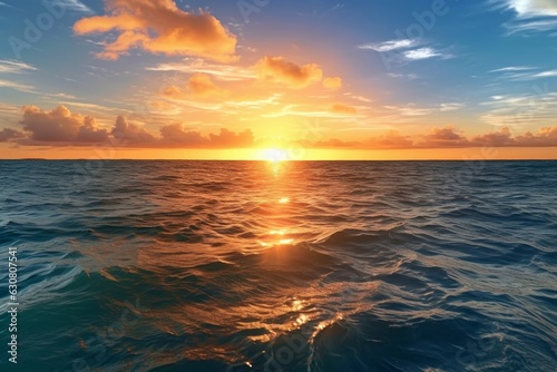 The sun is setting over the ocean as seen from a boat
