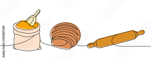 Set of bakery products one line colored continuous drawing. Rye round dark bread, flour bag, rolling pin continuous one line illustration.