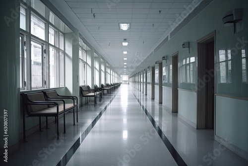 Clinical Environment. Blue Interior of a Hospital Corridor