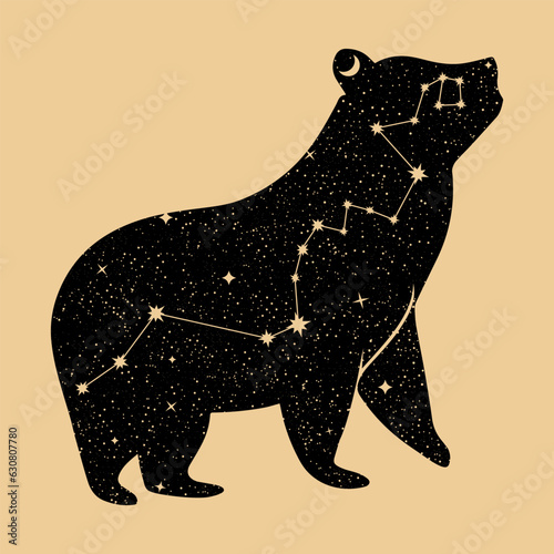 Beautiful universe bear silhouette with Hydra constellation, moon, stars. Magic, astronomy, astrology concept. Tarot card style vector illustartion. For logo, poster, postcard, business card.