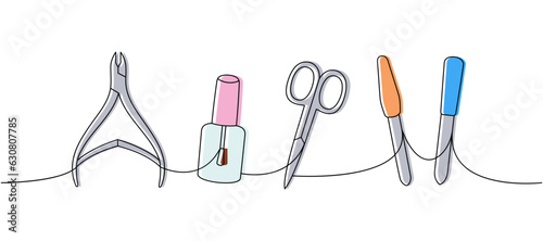 Manicure and pedicure tools one line colored continuous drawing. Nail polish, nail files, nail tongs, cuticle scissor continuous one line illustration