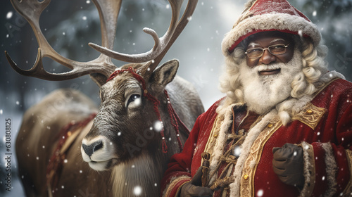 A magical photo of Black American Santa Claus posing with reindeer, ready to embark on his journey to deliver presents all around the world
