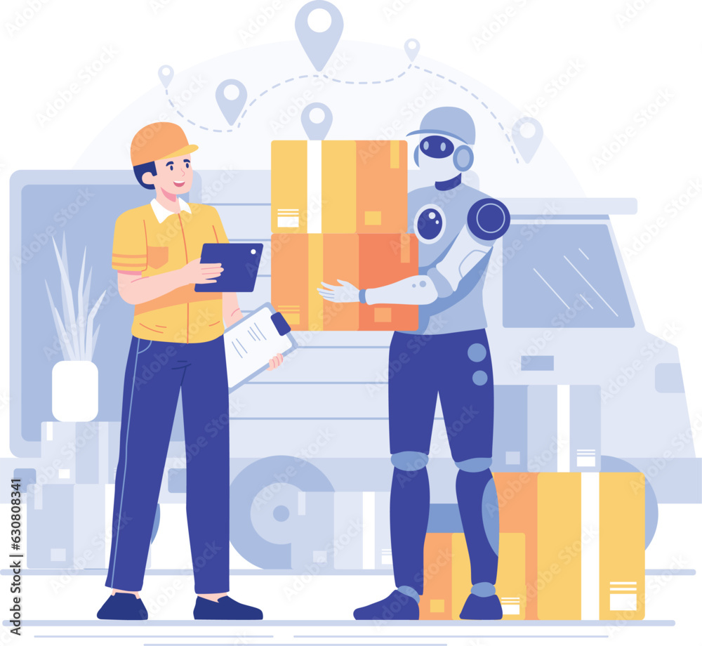 Warehouse worker with robot and delivery man. Delivery service concept style. Robots with e-commerce. For shipping, modern technology, artificial intelligence technology concept. Warehouse worker with robot and delivery man. Delivery service concept style. Robots with e-commerce. For shipping, modern technology, artificial intelligence technology concept.