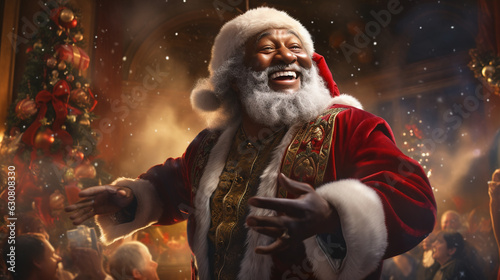 An exciting shot of Black American Santa Claus attending a Christmas party, where he joins in on the festivities, dances, and sings with the guests