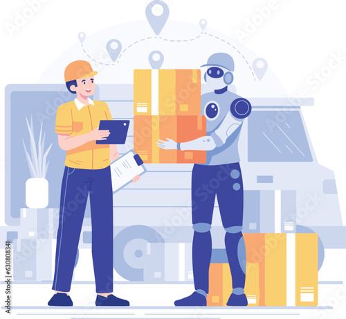 Warehouse worker with robot and delivery man. Delivery service concept style. Robots with e-commerce. For shipping, modern technology, artificial intelligence technology concept.