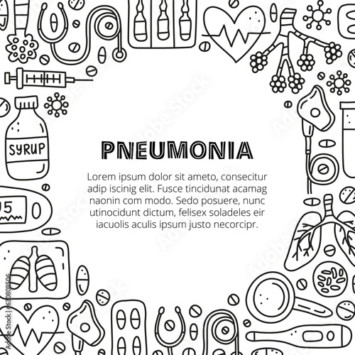 Poster with doodle outline pneumonia medical icons.