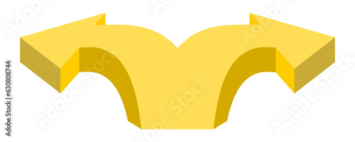 Arrow that forks in two. Yellow arrow isolated on white. Two paths, double direction option way, decision making concept.
