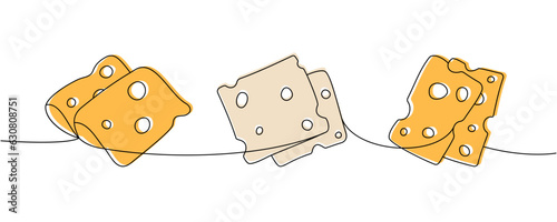 Set of sliced cheese one line colored continuous drawing. Cheese products continuous one line illustration. Vector minimalist linear illustration.