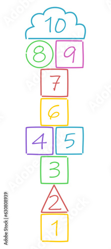 Hopscotch game with different colors and geometric shapes. Square, circle, triangle, cloud shapes. Learning numbers. Outdoor game for children isolated on white.