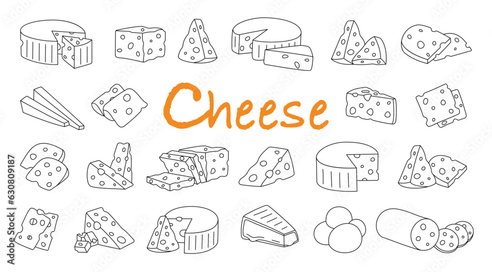 Cheese outline set. Pieces of cheese with internal holes. Cheddar, camembert, brick, mozzarella, maasdam, brie, roquefort, gouda, feta and parmesan.