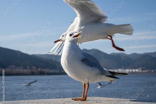 two seagulls with their beak open standing on the pier