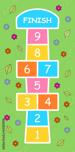 Hopscotch game with green background, leaves and flowers. Numbers from 1 to 9.
