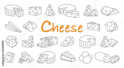 Cheese outline set. Pieces of cheese with internal holes. Cheddar, camembert, brick, mozzarella, maasdam, brie, roquefort, gouda, feta and parmesan.