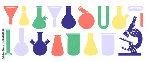 Laboratory glass equipment. Laboratory glasses for chemistry experiments. Conical flask, glass beaker, round bottom flask, filter funnel, microscope.
