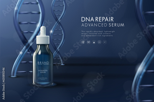 Moisturizing serum cosmetic ads template. Dropper bottle with light spout and dna genertic molecules. Cosmetic innovation technology and beauty concept. Effective collagen skin care formula.