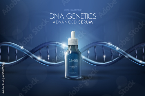 Moisturizing serum cosmetic ads template. Dropper bottle with light spout and dna genertic molecules. Cosmetic innovation technology and beauty concept. Effective collagen skin care formula.