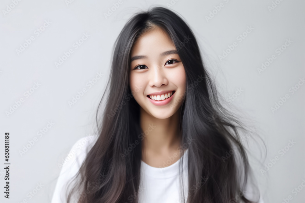 Headshot of girl with a long hair and little natural curly hairstyle wearing tshirt isolated on white grey background. Beauty girl with long and shiny wavy Hair. Generative AI. Headshot of girl with a long hair and little natural curly hairstyle wearing tshirt isolated on white grey background. Beauty girl with long and shiny wavy Hair. Generative AI.