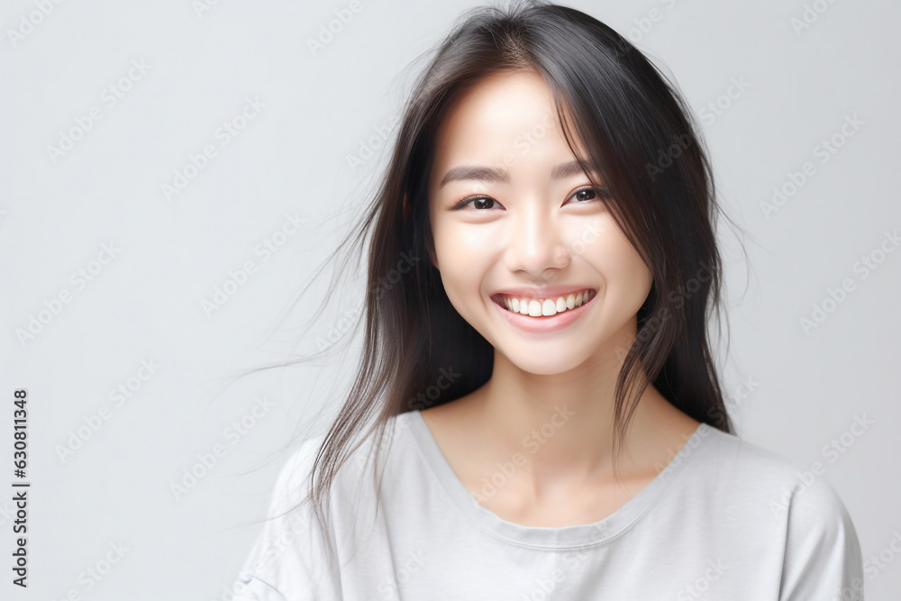 Headshot of girl with a long hair and little natural curly hairstyle wearing tshirt isolated on white grey background. Beauty girl with long and shiny wavy Hair. Generative AI. Headshot of girl with a long hair and little natural curly hairstyle wearing tshirt isolated on white grey background. Beauty girl with long and shiny wavy Hair. Generative AI.