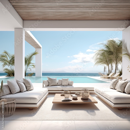 AI Generative, Sea view empty large living room of luxury summer beach house with swimming pool near terrace. Big white wall background in vacation home or holiday villa. 3D Rendering