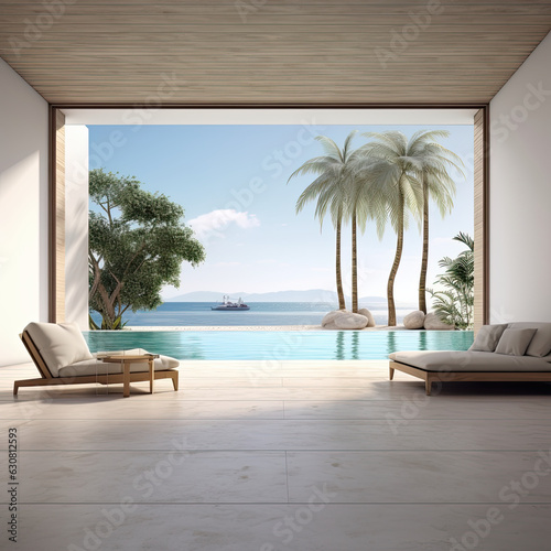 AI Generative, Sea view empty large living room of luxury summer beach house with swimming pool near terrace. Big white wall background in vacation home or holiday villa. 3D Rendering © Lens_Lore