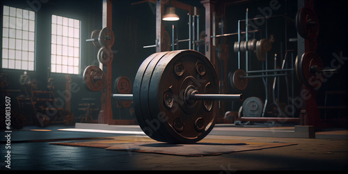 Working out in the gym with a barbell and gym equipment, dumbbell on the floor Ai generated image 