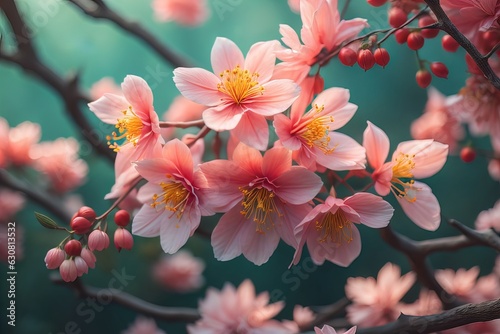 cherry blossom sakura flower on blue sky background, ai generative
