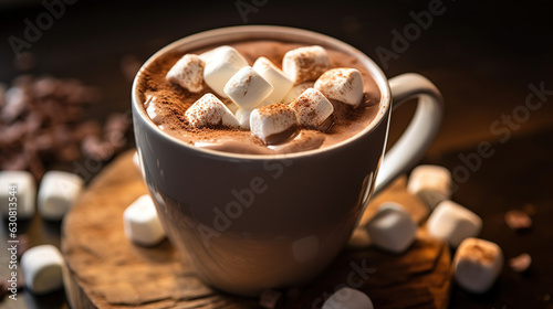 Hot chocolate drink with marshmallows. Fir cones, spices in the background. the feeling of Christmas. Generative AI