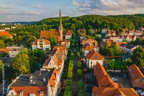 Neo-Gothic church in Oliwa in Gdańsk. View from the drone, summer.