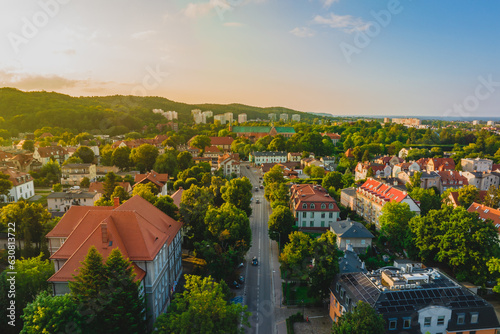 Oliwa streets in Gdansk on a beautiful summer evening. Drone view.