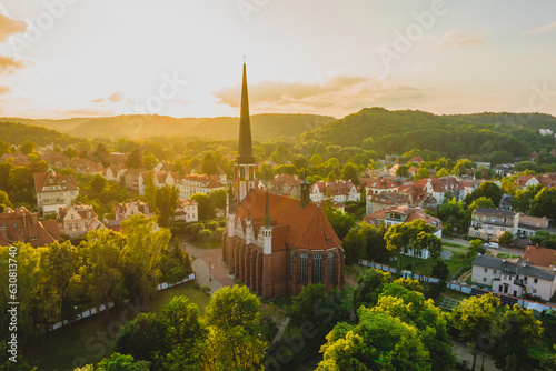 Neo-Gothic church in Oliwa in Gdańsk. View from the drone, summer.