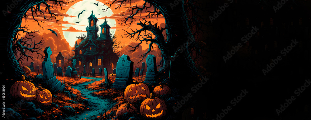 Fototapeta premium Haloween background, graveyard in spooky death Forestwith pumpkin
