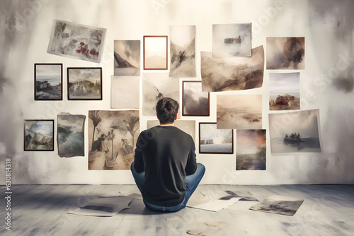 young man sitting looking at past pictures .Generate AI