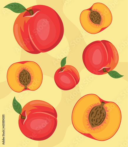 Bright juicy whole and cut peaches bright pattern on waved background. Can be used for postcards, menu or covers