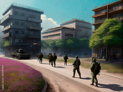  Military operation. Military army aggression conflict concept. War Concept. Proxy war. Modern army. Battle in ruined city.