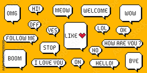 Set of different pixel speech bubble. Geometric texting dialogue boxes isolated on white background. Modern vector illustration.