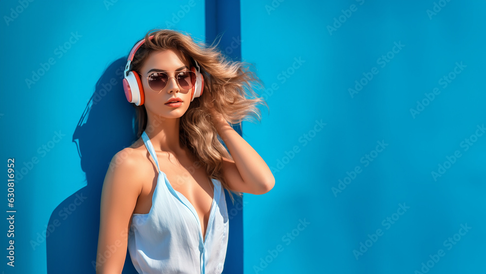 Hübsches Model Gesicht mit Kopfhörer und fliegenden Haaren mit blauen Hintergrund Poster Porträt, ai generativ Hübsches Model Gesicht mit Kopfhörer und fliegenden Haaren mit blauen Hintergrund Poster Porträt, ai generativ
