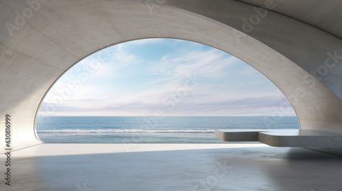 Abstract empty minimal open space concrete interior with an ocean view outside, 3d rendering © evannovostro