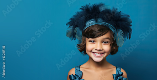 Cute Girl Dressed as a 1920s Flapper for Halloween on an Blue Banner with Space for Copy 