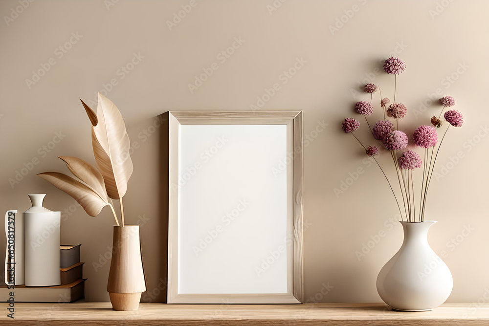 Empty wooden picture frame, poster mockup hanging on beige wall background. Vase with green eucalyptus tree branches on table., white vase with flowers and book Empty wooden picture frame, poster mockup hanging on beige wall background. Vase with green eucalyptus tree branches on table., white vase with flowers and book