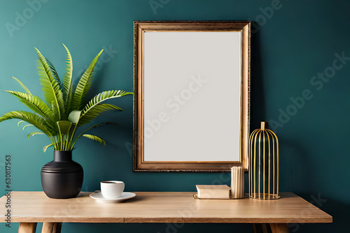 Vertical wooden frame mockup hanging on the sideboard in green wall interior decorated with plant green leaf, brass lamp,