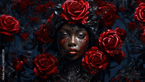 Hübsche Afroamerikanische Frau mit roten Rosen umhüllt im dunklen Licht Nahaufnahme, ai generativ © www.freund-foto.de