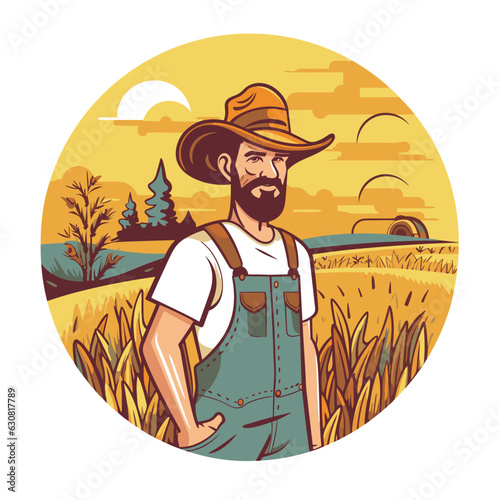 Farmer walking through wheat field, sunset scene. A healthy lifestyle, agriculture, farm concept. Cartoon vector illustration.