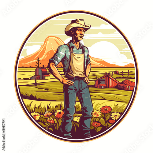 Satisfied farmer oversees his field and farm in the background of a rural landscape. Farm concept. Cartoon vector illustration.