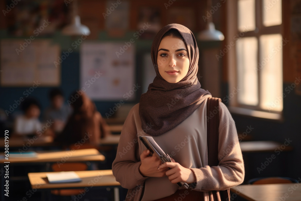 Back to school. Middle eastern muslim school female teenage student posing at the classroom looking at the camera