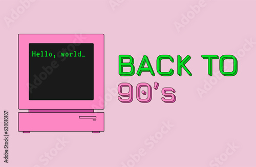 Pink Retro computer in Retrowave style. 2000s style technology. Nostalgia electronic device vector illustration