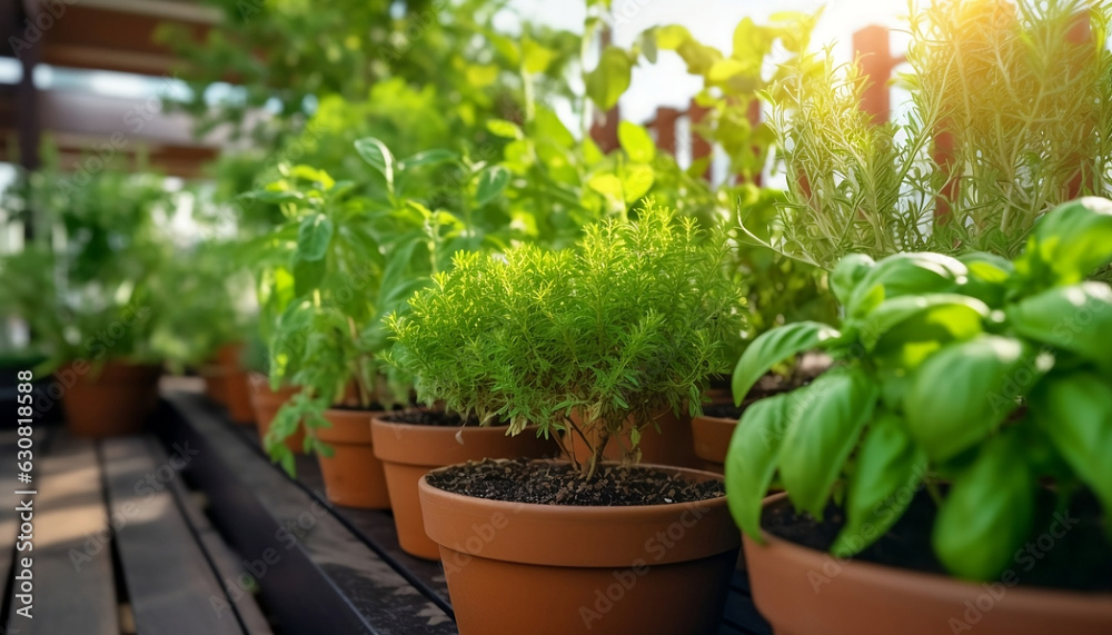 Growing aromatic herbs in pots on the patio