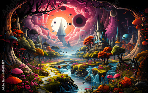 digital art concept of a psychedelic trippy surreal painting of a fairy castle and a big moon, created with generative ai